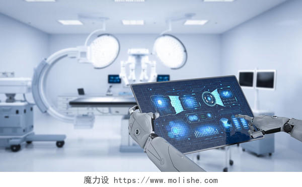 医疗技术概念与3D渲染机器人手握平板电脑与图形显示在手术室